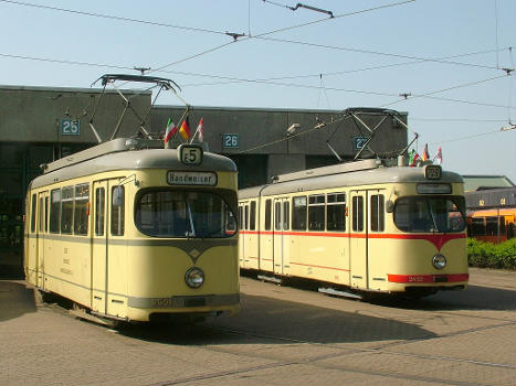 Tramcars 2501 and 2432 (type GT6) of the Rheinbahn in Düsseldorf-Heerdt, Germany