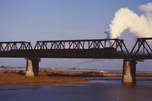 Güterzug mit QJ auf der Eisenbahnbrücke über den Sōnghuā Jiāng, Harbin