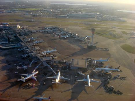 An aerial view of Terminal 3 at London Heathrow Airport.