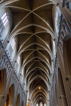 Ceiling of the Heuvelse kerk in Tilburg, as seen from close to the entrance