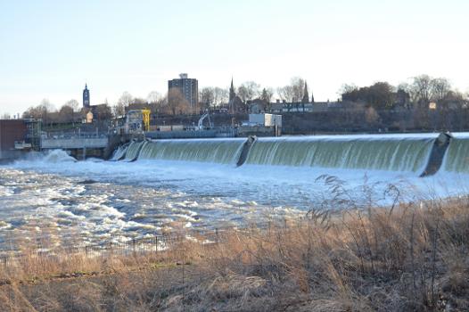 The Holyoke Dam as seen from South Hadley during the freshet or "spring thaw" : The Hadley Falls Power Station can be seen to the far left