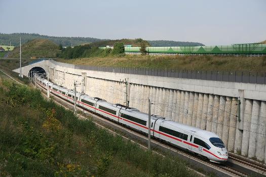 An ICE 3M train near Montabaur, on the Cologne-Frankfurt high-speed railway line.:The depicted train is the international (multi-system) version of the latest generation of ICE trains. Two train sections are joined (coupled) and make up one actual vehicle.