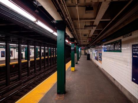 A view from the northbound platform at the IND Crosstown Line's Greenpoint Avenue station