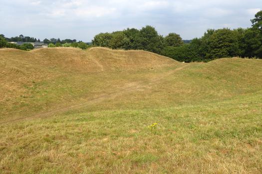 The interior of Cirencester Roman Amphitheatre, as seen from the southwestern rampart
