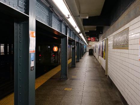A view of the northbound platform of the IRT Broadway-Seventh Avenue Line's 28th Street station. An R62A 1 train departs.