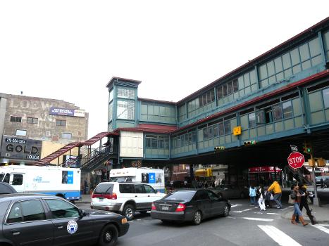 Lookng northeast across West Fordham Road at IRT station on a cloudy midday