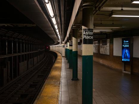 A view of the southbound platform of the IRT Lexington Avenue Line's Astor Place station.