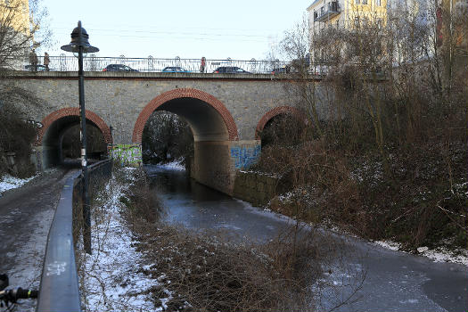 König-Johann-Brücke, Leipzig : Westseite, unter der Brücke ist das Eis ausgesprochen dünn. Kein Wunder beim Vorgehen des Leipziger Straßenwinterdienstes. Das einzige Mittel, das man anwendet, ist Salz.