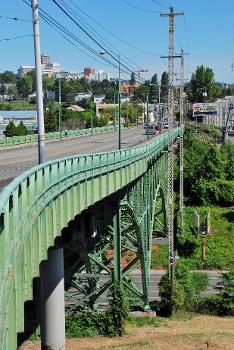 The José Rizal Bridge, originally the 12th Avenue South Bridge, in Seattle.:This is the bridge's east side, viewed from the east sidewalk, from the bridge's southern end. The bridge is listed on the National Register of Historic Places under its original name. It was renamed in 1974.