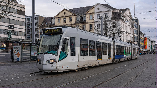 A tram of RegioTram line RT1 in Kassel, Hesse, Germany