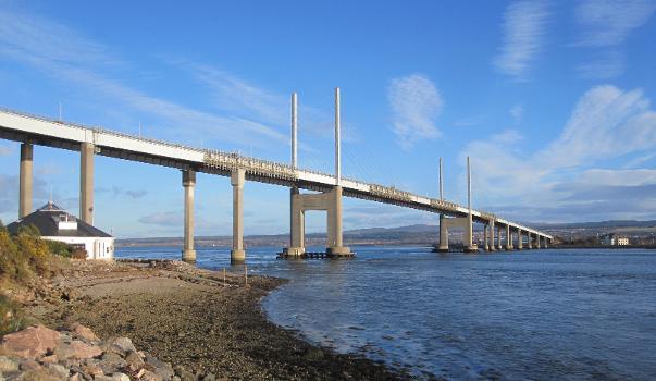 Kessock Bridge viewed from North Kessock, with scaffolding on the cable anchors during the works being carried out in 2014.