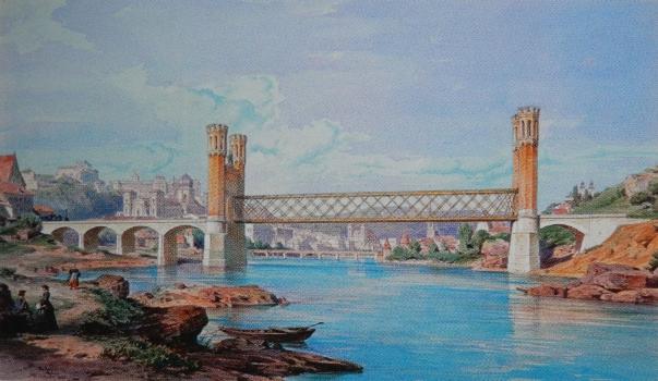 Ansicht der Passauer Innbrücke:Aus der Aquarell-Serie "Ansichten von Ortschaften an den bayerischen Ostbahnen" von Albert Emil Kirchner