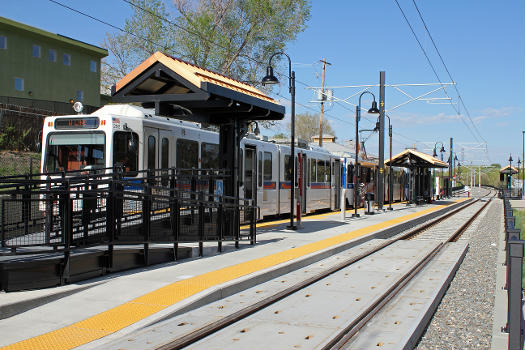 The Knox RTD light rail station in Denver, Colorado. Its address is 1245 Knox Court, Denver, Colorado.