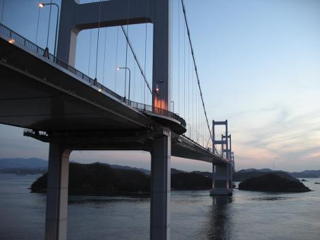 Japan, Ehime. Imabari, Kurushima-Kaikyo Bridge, sunset