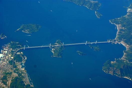 Aerial view of the Kurushima-Kaikyō Bridge between Imabari and Yoshiumi in Ehime Prefecture, Japan