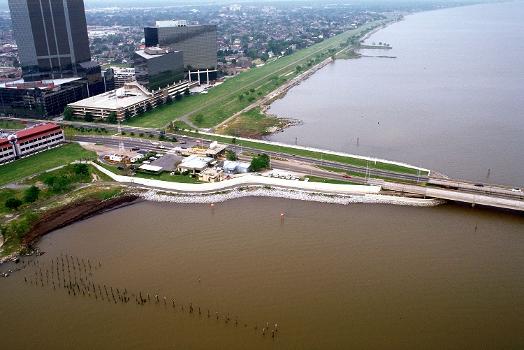 The southern end of the Lake Pontchartrain Causeway at Metairie, Louisiana, USA. View is to the southwest near Causeway Boulevard, Metairie