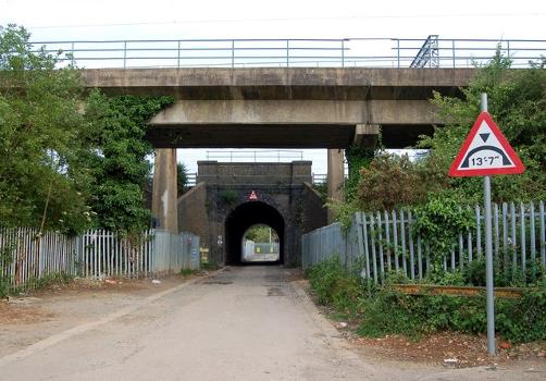 Looking south at two railway bridges, Avon Lane, Rugby