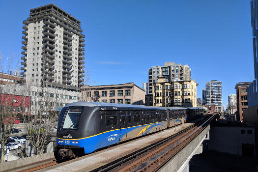 Mark II (second generation) train on the Expo Line in New Westminster, British Columbia.