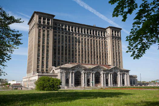 The abandoned Michigan Central Station, as seen from Roosevelt Park in Detroit:Note the "Save the Depot" sign on the top of the building.