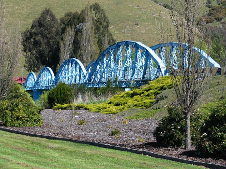 The four-span steel truss bridge over the Clutha River at Millers Flat, Otago, New Zealand. New Zealand Historic Places Trust Register number