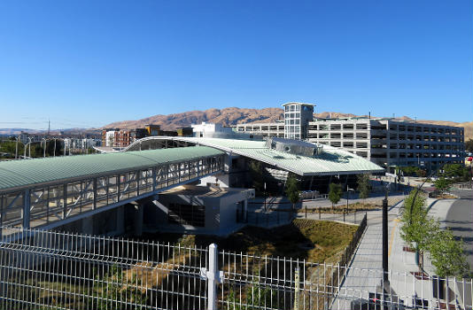 Milpitas station and garage viewed from the light rail platform on the first day of BART service in June 2020