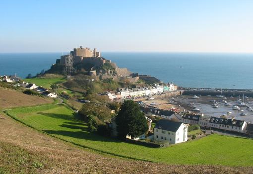 castle of Mont Orgueil overlooking the harbour of Gorey in the parish of St. Martin, Jersey : Taken during the restauration of the castle