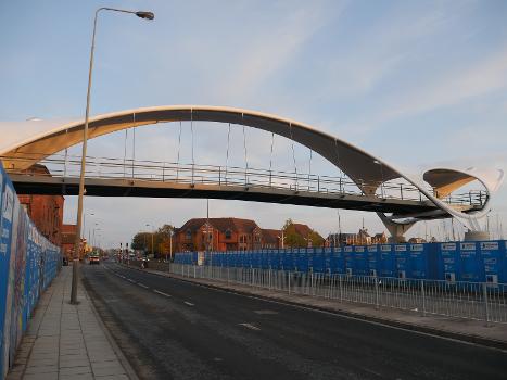 The view looking east of a newly-installed footbridge over Castle Street in Kingston upon Hull:The footbridge, formally named 'Murdoch's Connection' in September 2020, would not open to the public until March 2021.