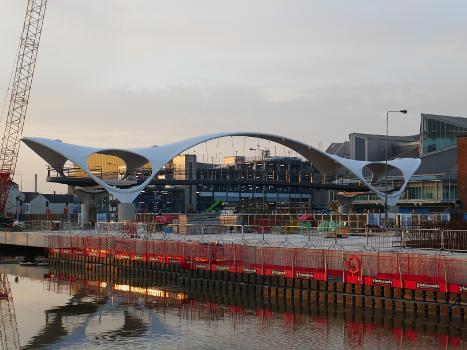 The view from Hull Marina of a newly-installed footbridge over Castle Street in Kingston upon Hull:The footbridge, formally named 'Murdoch's Connection' in September 2020, would not open to the public until March 2021.