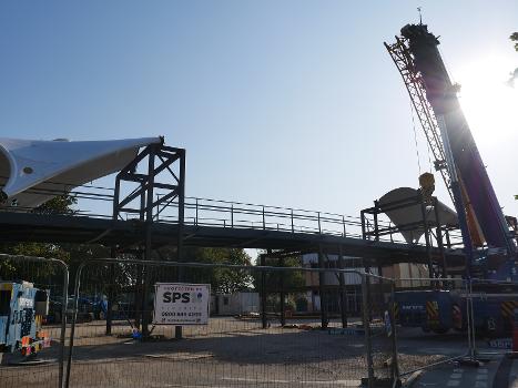 The Murdoch's Connection footbridge being assembled in a car park off Myton Street and the A63 in Kingston upon Hull.