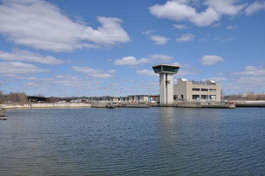 The Amelia Earhart Dam, a tidal control dam across the Mystic River between Somerville and Everett, Massachusetts : View is from the south (below the dam).