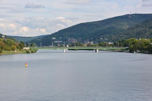 Ernst-Walz-Brücke, Heidelberg, über den Neckar, Blick vom Stauwehr Wieblingen nach Osten