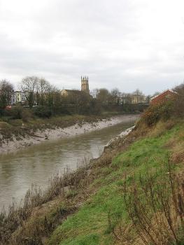 River Avon, New Cut, Bristol:The river Avon, New Cut, looking West towards St Paul's Church, Bedminster.