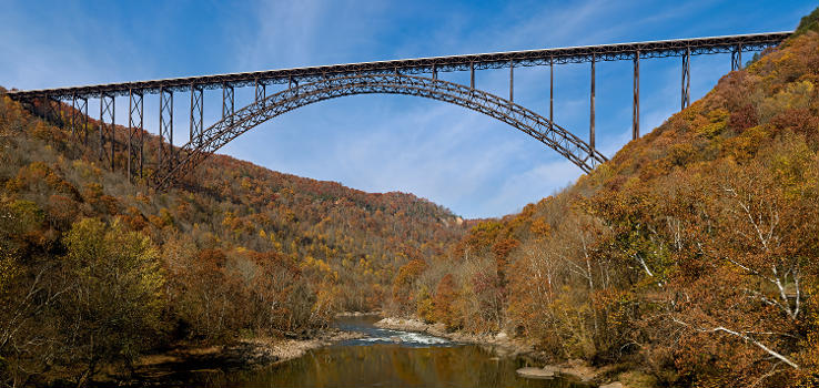 New River Gorge Bridge:It is the longest and highest steel arch bridge in the US at 3030 ft (924 m) long and 876 ft (267 m) high.