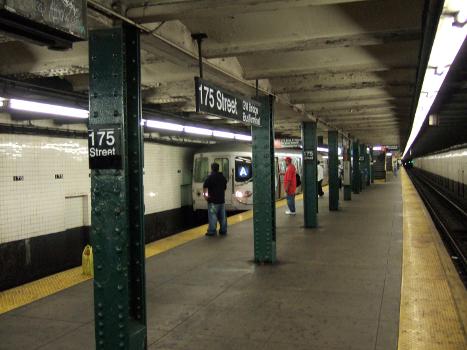 175th Street Subway Station (Eighth Avenue Line):A Brooklyn-bound A train pulling into the 175th Street station. Unlike other IND stations, there is no color tile and one single center platform. But it was one of the first fully A.D.A. accessible stations with an elevator leading to the platform.