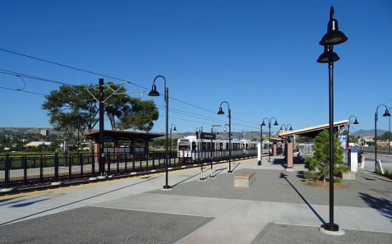 The Oak RTD light rail station, located at 1311 Oak Street in Lakewood, Colorado.