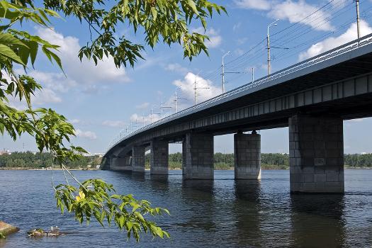 Oktjabr'skijj most, the bridge over the Yenisei in Krasnoyarsk, Russia, view from the right bank.