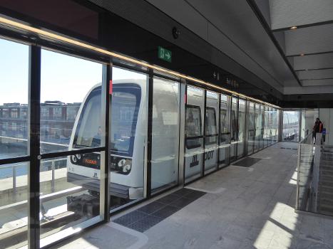 Orientkaj Station:One of the first trains arrive at the new Orientkaj Station on the opening day of Nordhavnsmetroen (the Nordhavn Metro) in Copenhagen. Due to the Corona Virus the opening happened with as little fanfare as possible.