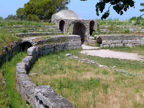 Amphitheatre, west entrance, southwest seating, Paestum