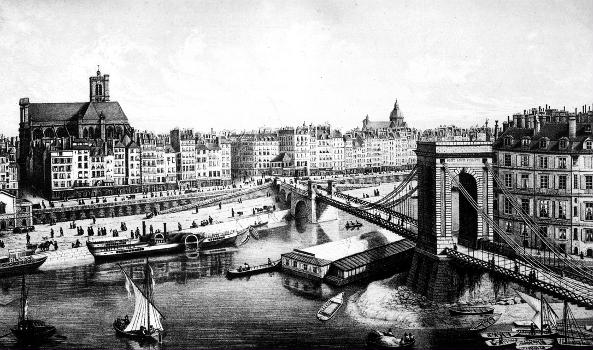 Les bateaux à Aubes sur la Seine, mus par la vapeur, près du pont Louis-Philippe, vers 1840. Paris (France).