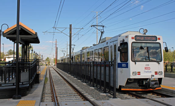 The Perry RTD light rail station, located at 1199 N. Perry Street in Denver, Colorado.