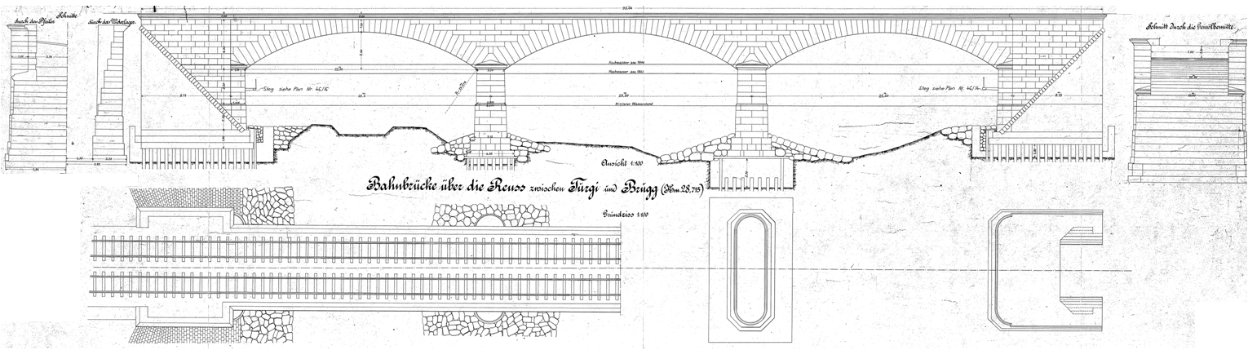 Seitenansicht und Aufsicht der 1855/56 von der Schweizerischen Nordostbahngesellschaft aufgerichteten Reussbrücke Turgi