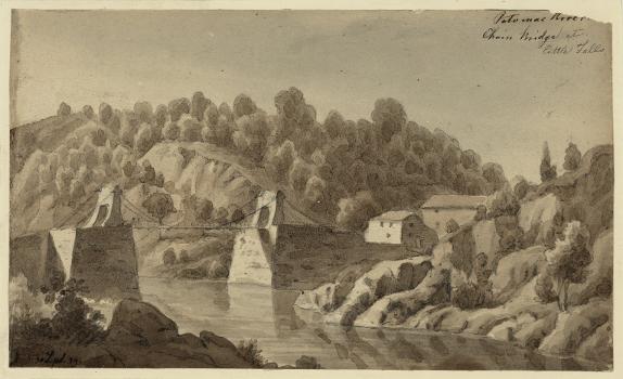 View from the Maryland side of the Chain Bridge over the Potomac River in 1839:This was the fourth bridge at that location, with several more since.
