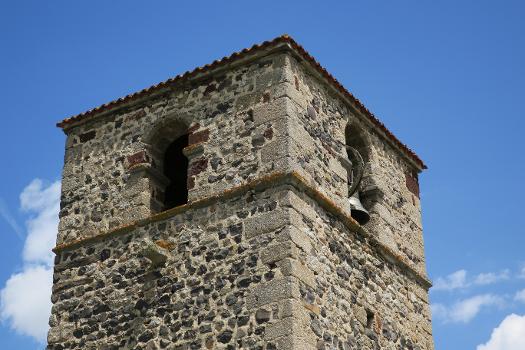 Prades (Haute-Loire, France). Church Saint Andrew. Bell tower, SW upper part.