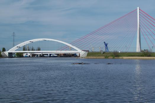 Railway brigde over Martwa Wisła river on railway line number 226 in Gdańsk, Poland:John Paul 2nd cable-stayed bridge can be seen in the background; 2 cormorant in the foreground.