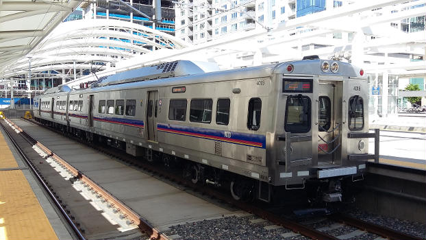 RTD No. 4018 A Line train on Track 2 at Union Station Train Hall, Denver, CO