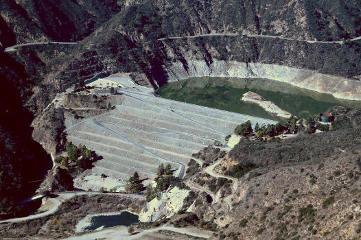 San Gabriel Dam in Los Angeles County, California, seen from Glendora Mountain Road. Reservoir is at low water after two years of drought.