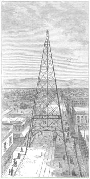 San Jose electric light tower:Illustration by H.G. Peelor of San Jose electric light tower, aka Owens Electric Tower, a moonlight tower to illuminate downtown San Jose. The tower was first erected in 1881.