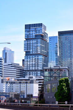 "Nexus" apartment building in the Denny Triangle, Seattle, Washington, seen from Interstate 5.