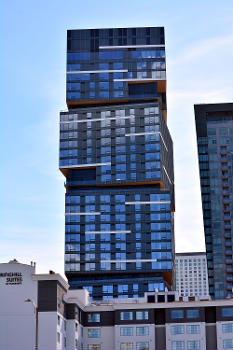 "Nexus" apartment building in the Denny Triangle, Seattle, Washington, seen from Interstate 5.