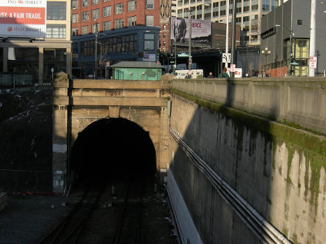 South portal of the railway tunnel under downtown Seattle, in the Pioneer Square neighborhood, Seattle, Washington.